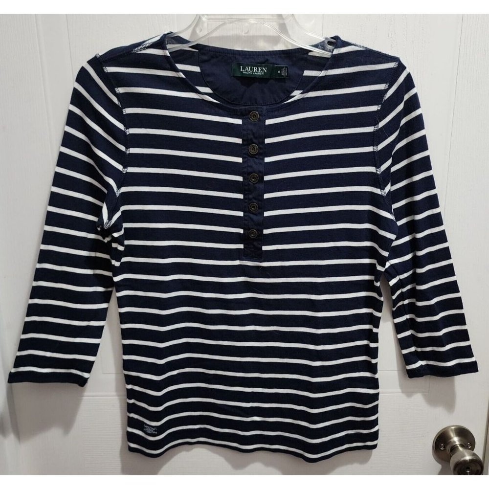 Lauren Ralph Lauren Women's 3/4 Sleeve Henley Button Top Blue White Striped Sz M
